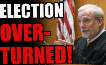 judge in black robes gesturing in courtroom with American flag behind bold text reading