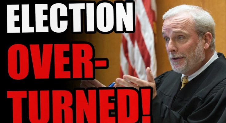 judge in black robes gesturing in courtroom with American flag behind bold text reading