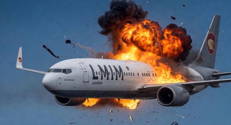 LMM Airlines passenger jet engulfed in mid-air explosion with debris scattering across