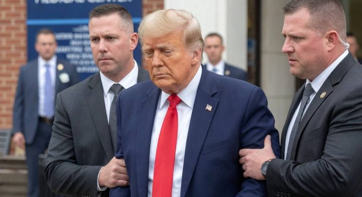donald Trump in navy suit and red tie being escorted by two Secret Service agents outside