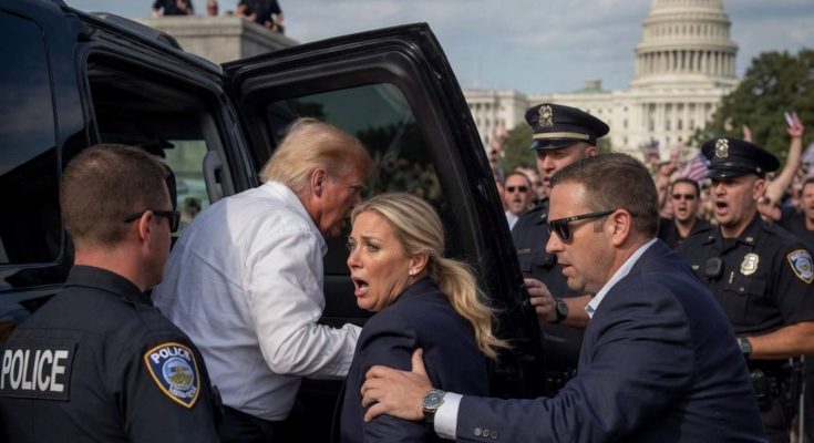 security detail escorts a man into vehicle near Capitol building