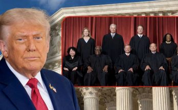 donald Trump portrait beside Supreme Court justices group photo with red curtain backdrop