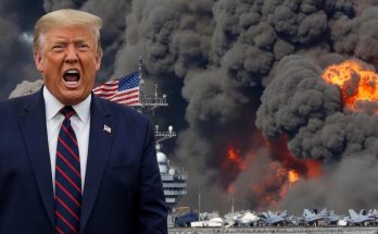 donald Trump shouting in front of burning aircraft carrier with fighter jets and massive