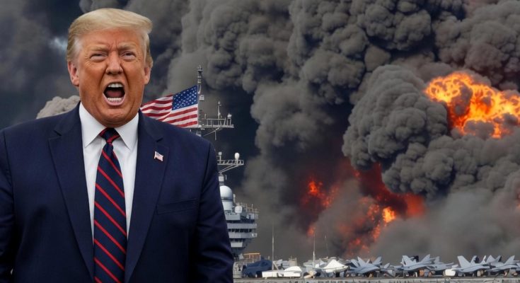 donald Trump shouting in front of burning aircraft carrier with fighter jets and massive