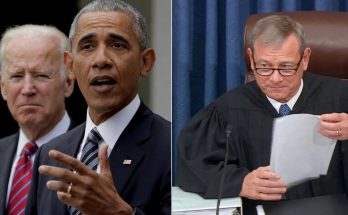 split image showing Barack Obama speaking with Joe Biden behind him and Chief Justice