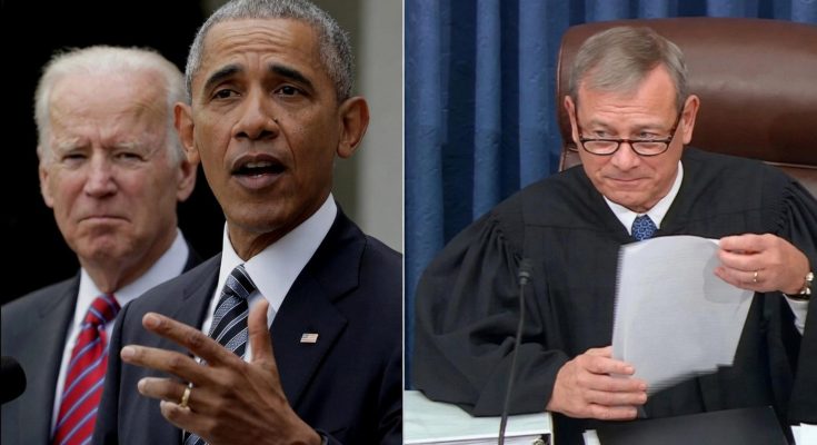 split image showing Barack Obama speaking with Joe Biden behind him and Chief Justice