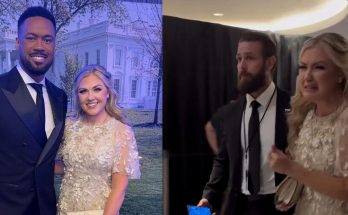 elegant couple at formal event near White House backdrop