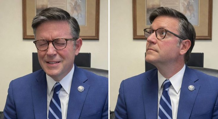 man in blue suit with glasses, expressing different emotions in office