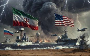 military ships with flags in stormy sea scene