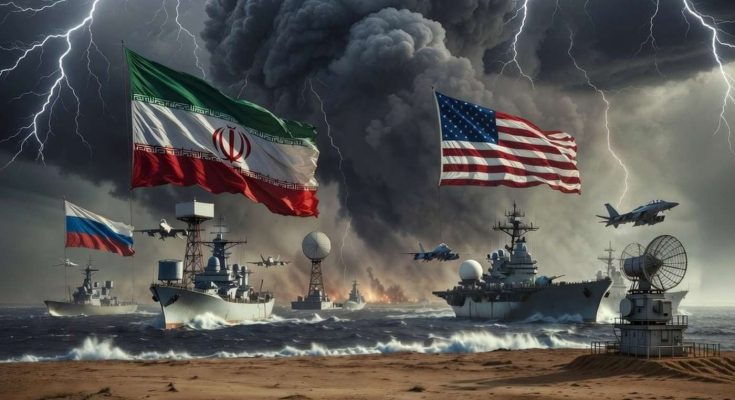 military ships with flags in stormy sea scene