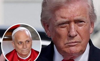 donald Trump with stern expression beside circular inset of Pope Leo XIV in red vestments