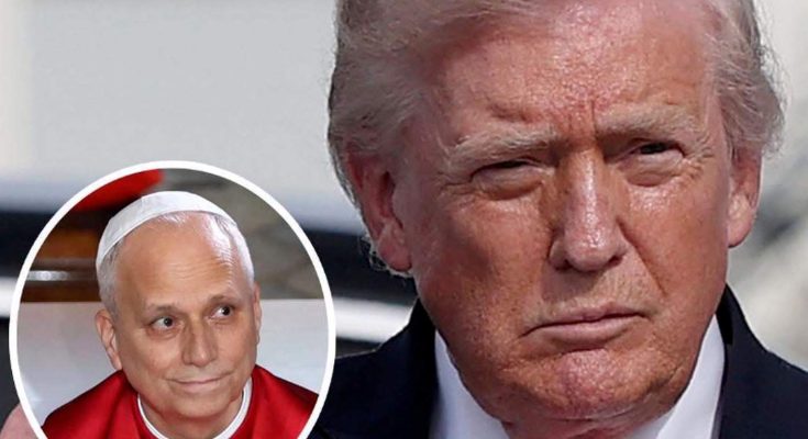 donald Trump with stern expression beside circular inset of Pope Leo XIV in red vestments