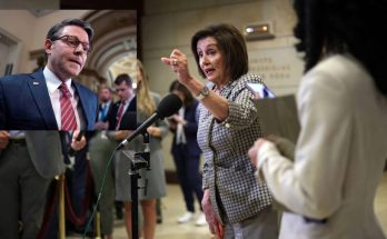 nancy Pelosi gestures emphatically during Capitol hallway interview with bold text