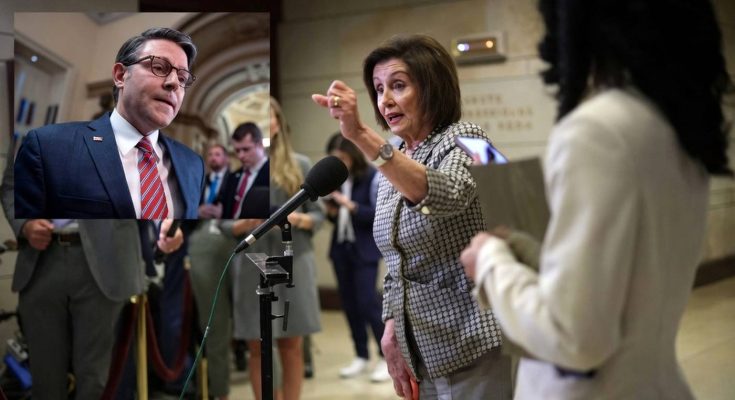 nancy Pelosi gestures emphatically during Capitol hallway interview with bold text