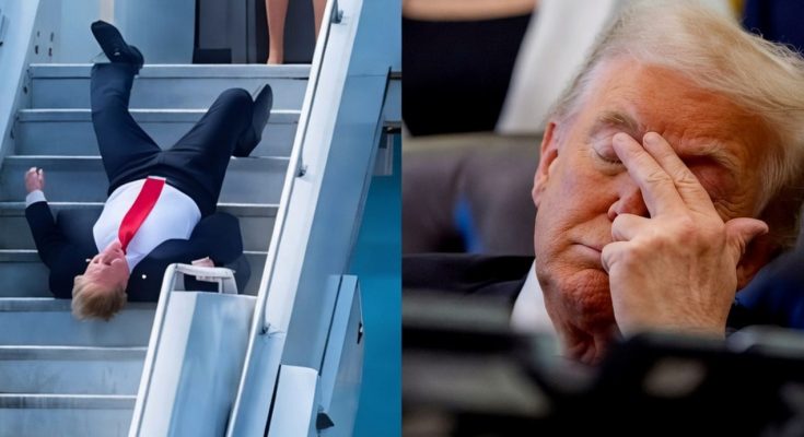 four-panel collage showing Donald Trump falling on airplane stairs, rubbing his eye, a