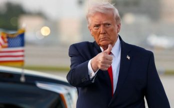 donald Trump giving thumbs up near presidential motorcade with bold headline text Trump
