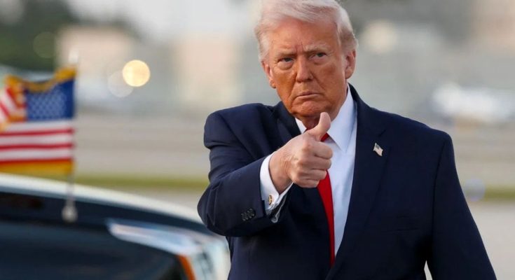 donald Trump giving thumbs up near presidential motorcade with bold headline text Trump