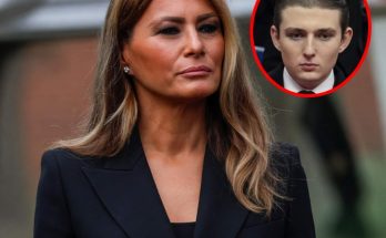 melania Trump in black blazer with inset image of Barron Trump and bold text reading