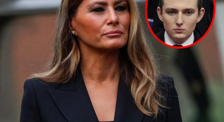 melania Trump in black blazer with inset image of Barron Trump and bold text reading