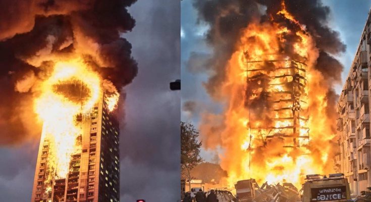 high-rise building engulfed in flames with thick smoke, dramatic scene