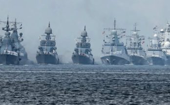 naval fleet in formation at sea during maritime exercise
