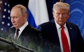 vladimir Putin and Donald Trump with Russian nuclear missile launcher marked 312 on