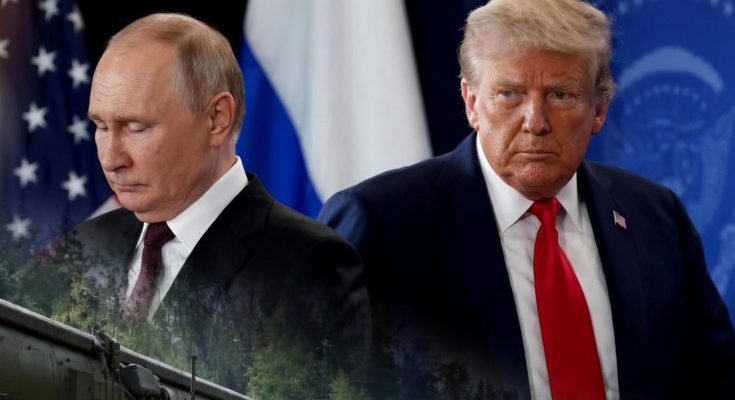 vladimir Putin and Donald Trump with Russian nuclear missile launcher marked 312 on