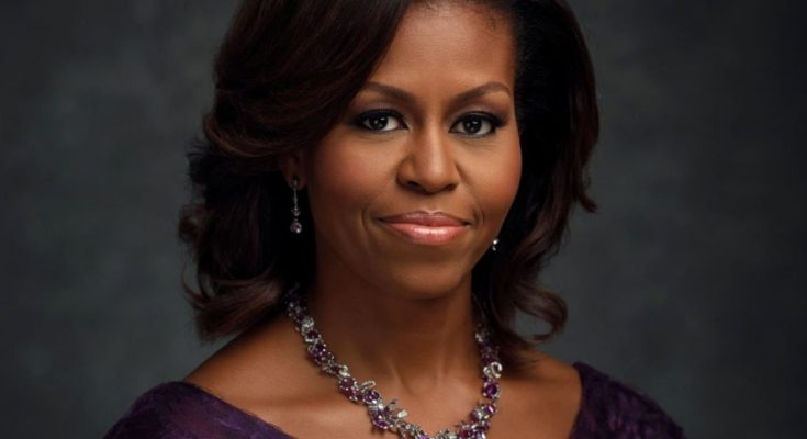 michelle Obama official portrait wearing purple lace dress and ornate gemstone necklace