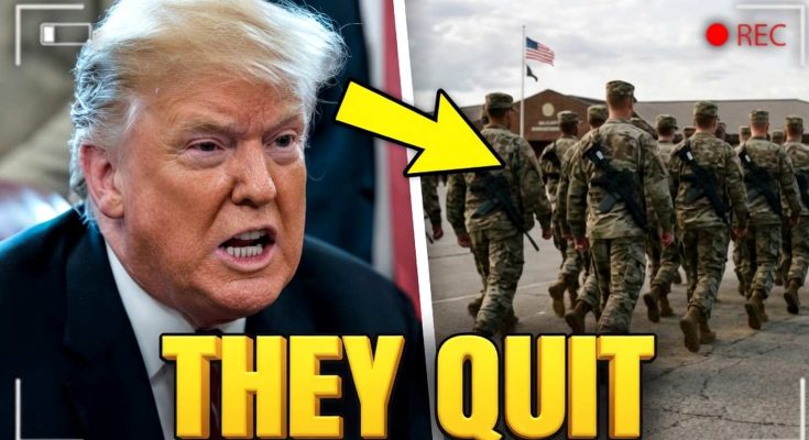 donald Trump shown alongside soldiers marching away with bold THEY QUIT text overlay and