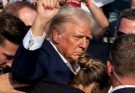 donald Trump surrounded by Secret Service agents with raised fist at rally, inset photo