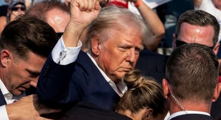 donald Trump surrounded by Secret Service agents with raised fist at rally, inset photo