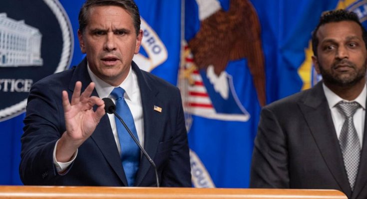 two men at DOJ podium with bold text overlay announcing Trump's new Attorney General
