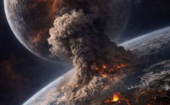 massive volcanic eruption on Earth viewed from space with cracked fiery moon and comet