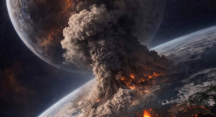 massive volcanic eruption on Earth viewed from space with cracked fiery moon and comet
