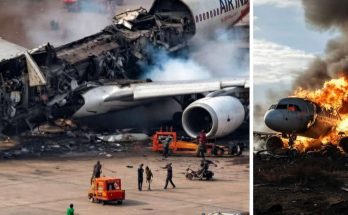 destroyed airplanes at airport crash site with smoke and fire