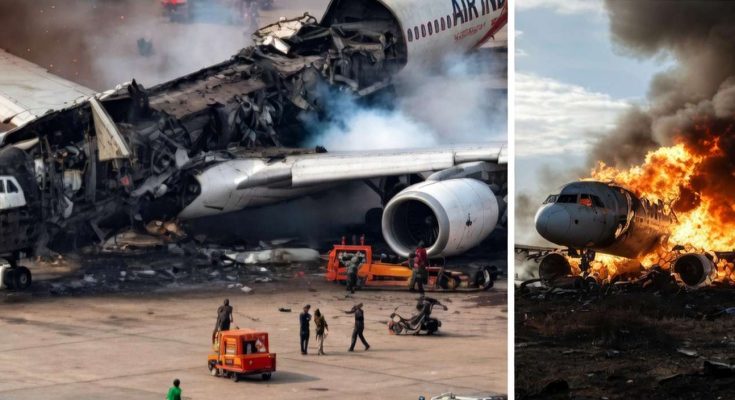 destroyed airplanes at airport crash site with smoke and fire