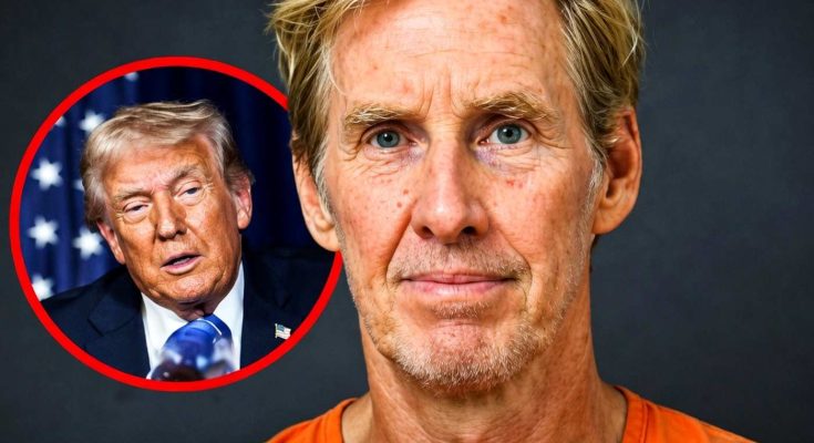 mugshot of Ryan Routh in orange jumpsuit with Donald Trump inset photo and breaking news
