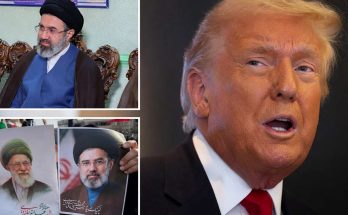 donald Trump speaking beside images of Iranian clerics including Mojtaba Khamenei and