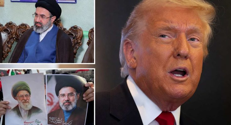 donald Trump speaking beside images of Iranian clerics including Mojtaba Khamenei and