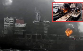 american container ship PRTER engulfed in flames with Russian flag and fighter jets