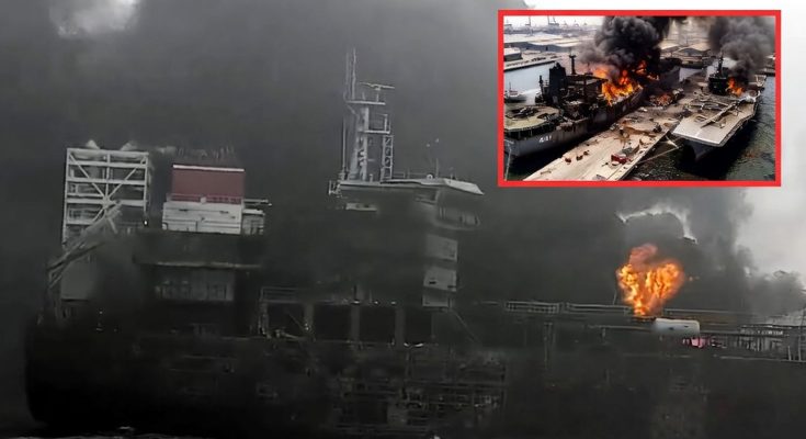 american container ship PRTER engulfed in flames with Russian flag and fighter jets
