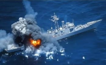 naval frigate USS McInerney before and after missile strike test, showing intact ship