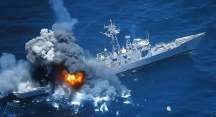 naval frigate USS McInerney before and after missile strike test, showing intact ship