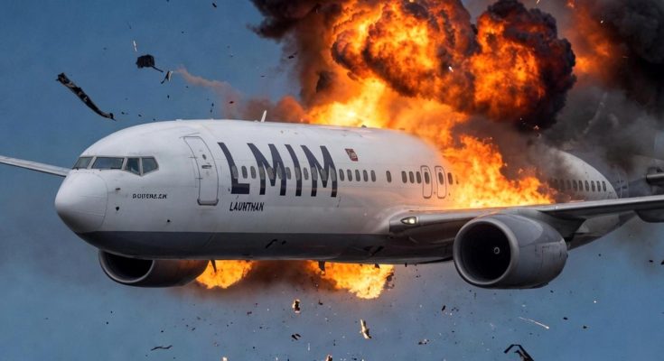 LMM Launtran commercial jet airliner exploding mid-flight with massive fireball and