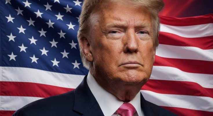 donald Trump in dark suit with pink tie against American flag backdrop with ABC News