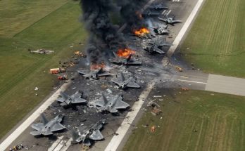 multiple F-22 fighter jets destroyed and burning on an airfield runway with thick black