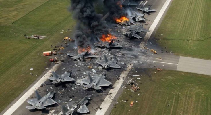 multiple F-22 fighter jets destroyed and burning on an airfield runway with thick black