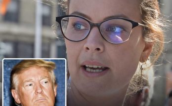 woman with glasses speaking outdoors with inset image of Donald Trump and breaking news