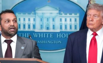 kash Patel speaking at White House podium beside Donald Trump with headline about FBI