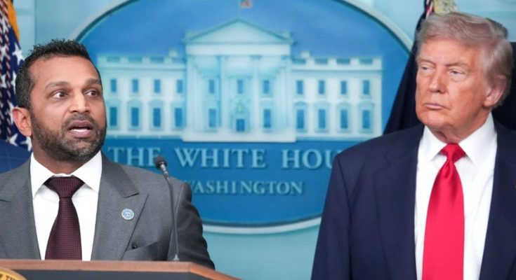 kash Patel speaking at White House podium beside Donald Trump with headline about FBI